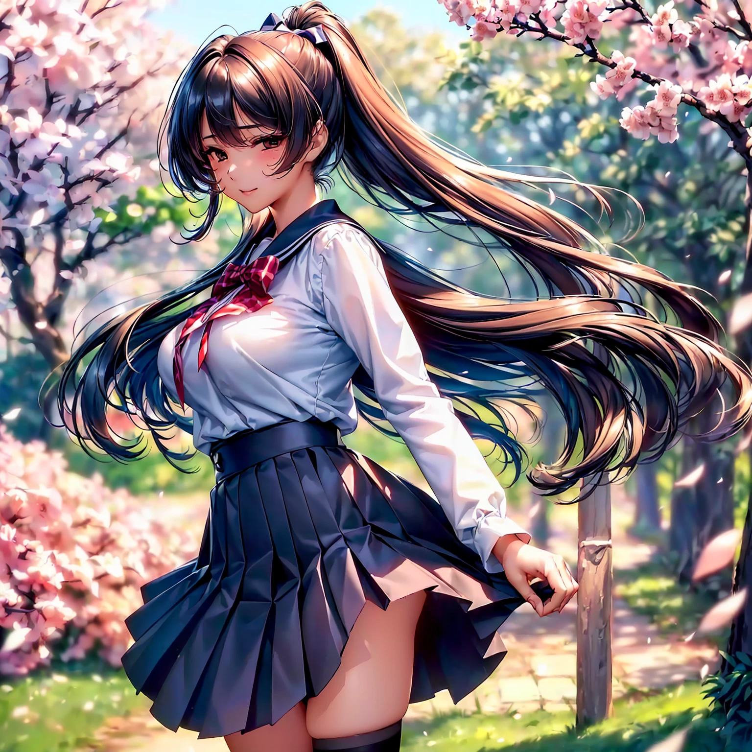 (top quality picture、masterpiece level、very high res、超A high resolution,High-quality detail)、(An 18-year-old beautiful girl with perfect and ultimate beauty.,beautiful breasts and body shape,Beautiful body,美丽的面容,Strong-willed eyes:1.5)、(Black hair and ponytail,The bangs are neatly arranged,Straight long side hair,Beautiful hair:1.2),Realistic textures,beautiful colors,(Wearing a white blouse,bow ribbon,Wear a cardigan,wear a dark blue blazer,Wear a plaid pleated skirt,(Wearing a Japan high school uniform,high-school uniform,School uniform,hi-school girl,schoolgirl),has a bright smile,line of sight,Mouth opens,The wind is blowing(The wind blows and the skirt flaps 1.2),Hair flutters under the influence of the wind,Park at night,A path lined with flourishing cherry blossom trees,Cherry blossoms scattering,Beautiful Landscapes,(The whole body,thigh visible,accurate anatomy、extremely detailed picture、Accurate images、Perfect Image 1.5)、beautiful anime woman, Beautiful Art Style, an animated character、(The whole picture、Detailed picture、Defect-free images、natural soft light、beautiful image),(Best Shot 1.2)