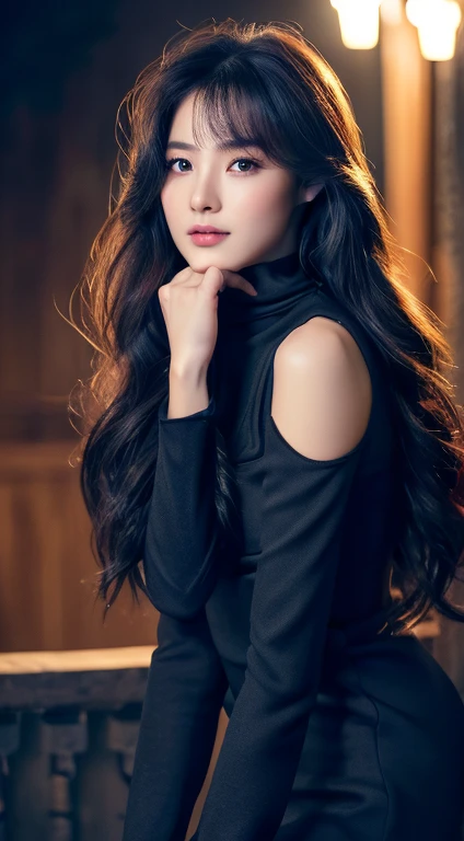 In the night,beautiful girl,slim face,slim body,long hair,Double eye-lid eyes,Korean theme,Black dress,long boots,(best quality,4k,8k,highres,masterpiece:1.2),ultra-detailed,(realistic,photorealistic,photo-realistic:1.37),soft moonlight,starry sky,portraits,vivid colors