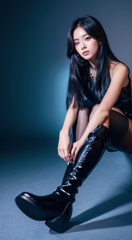 In the night,beautiful girl,slim face,slim body,long hair,Double eye-lid eyes,Korean theme,Black dress,long boots,(best quality,4k,8k,highres,masterpiece:1.2),ultra-detailed,(realistic,photorealistic,photo-realistic:1.37),soft moonlight,starry sky,portraits,vivid colors