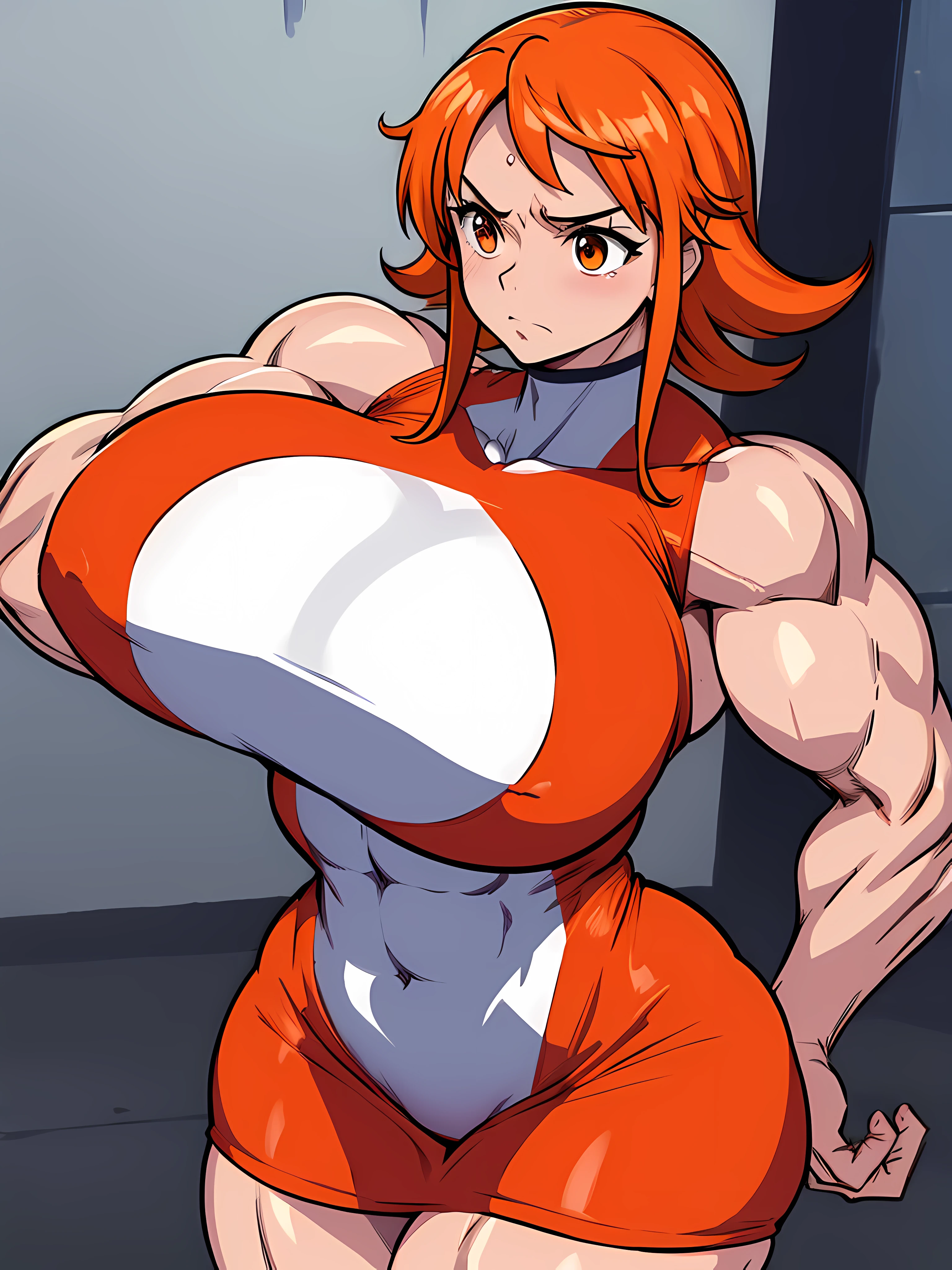 Cocktail dress, curvy athletic body, orange hair, brown eyes, body tight dress, ((((huge muscles))))