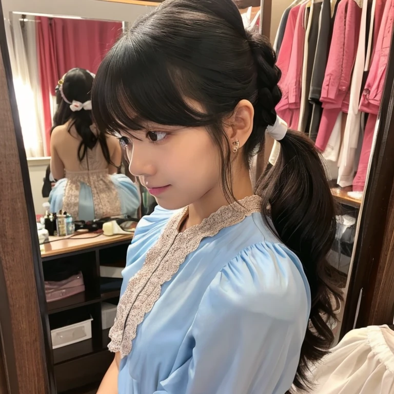 An ultra-high picture quality、Perfect Photo、18-year-old beautiful girl、Japan beautiful girl、Junior high school girls、light skinned、slender、Black Haired Beautiful Girl、cute little、Beautuful Women、(((look at the dressing table)))、(((Hair styling)))、(( decorate hair)))、(Cute clothes)（tiny chest）、((Nokezoru))、With bangs、((It hurts a lot))、(hate)、(Painful)、(resist)、(half-opened mouth)、(Resist fiercely)、terrifying、sports hair、Straight hair、glares、semi long hair、