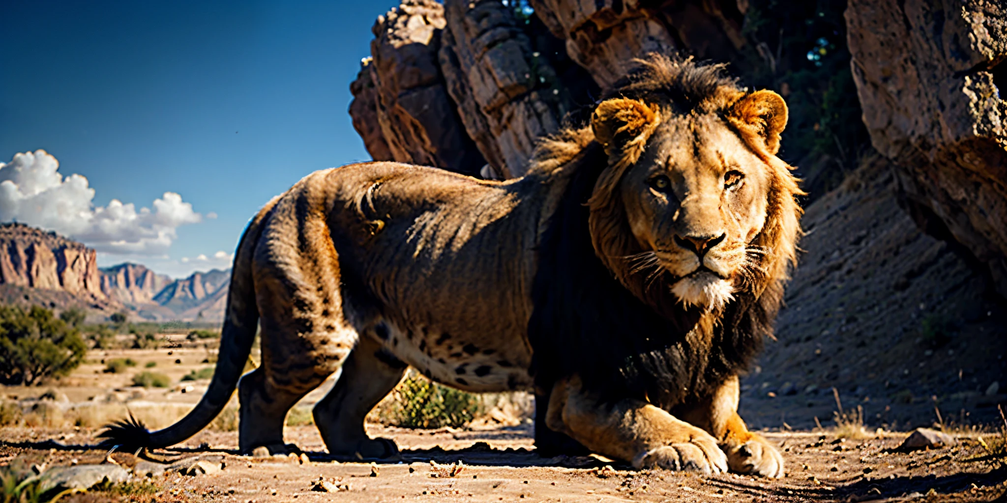 A Big Realistic Lion Photo in the Rock Roaring Inspired in The Lion King Front View