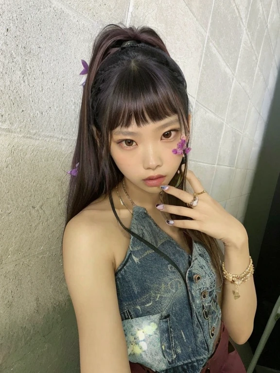 Arafed Asian woman with a flower in her hair and a denim vest, Jossi de Blackpink, Chiho, jennie blackpink, O Corte Hime, Lalisa Manobal, Shikami, Parque Roseanne do Blackpink, Chiho Ashima, Kimi Takemura, Directed by: Ayami Kojima, Lalisa Manoban do blackpink, com franja