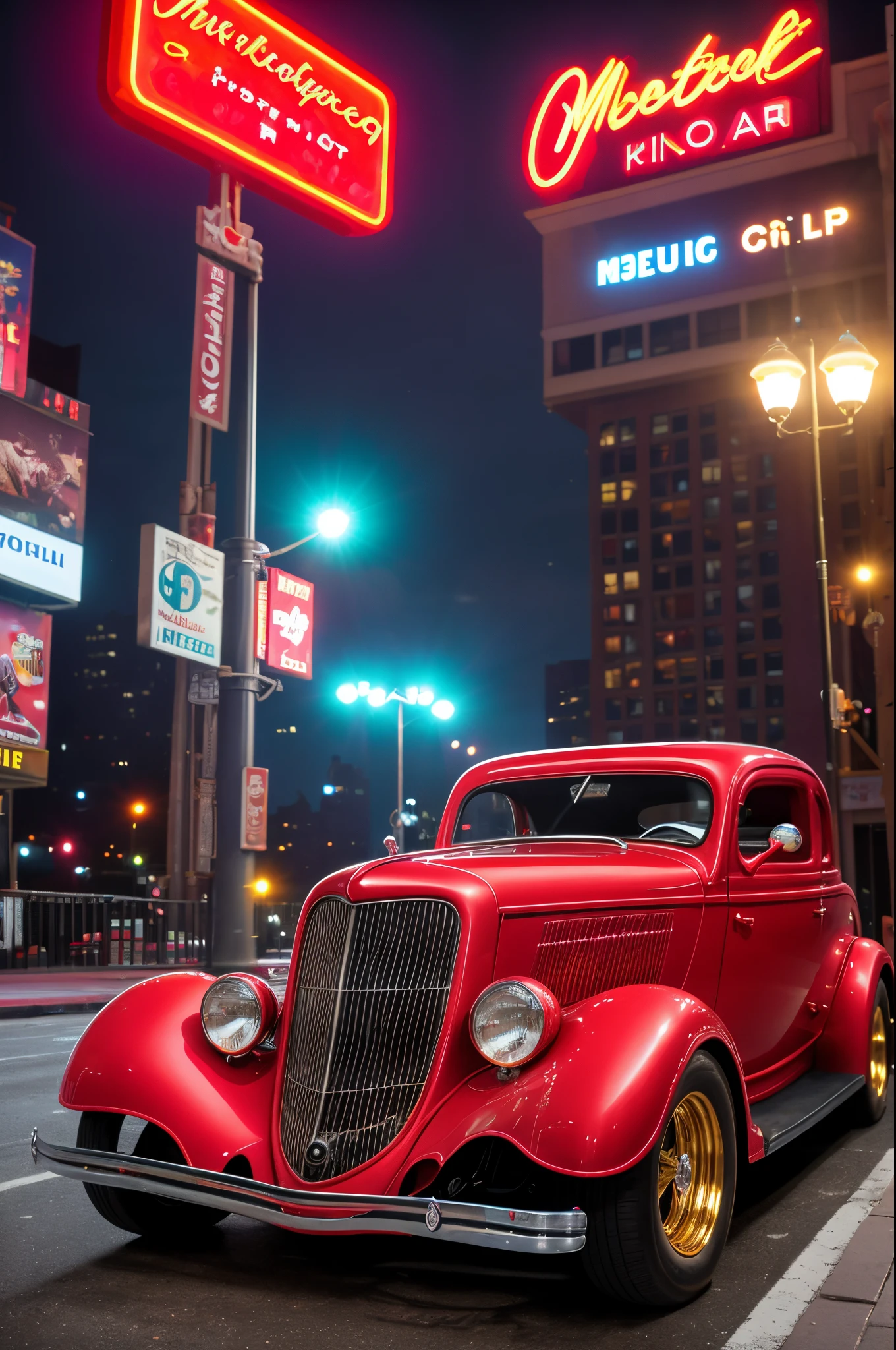 Bright deep red coloured 1934 ford coup hot rod Parked outside drug store, New York city street in the background, realistic, studio quality, cinematic, digital (photorealistic:1.4) photorealistic, Extremely Realistic, it is night time with head lights on, gold mag wheels volumetric fog exciting epic action camera, (masterpiece:1.2) (photorealistic:1.2) (bokeh) (best quality) (detailed skin) (intricate) (8k) (HDR) (cinematic lighting) (sharp focus)
