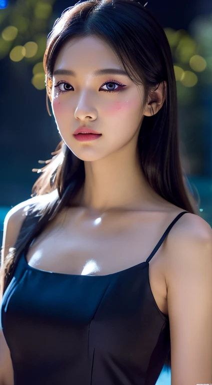 In the night,beautiful girl,slim face,slim body,long hair,Double eye-lid eyes,Korean theme,Black dress,long boo quality,4k,8k,highres,masterpiece:1.2),ultra-detailed,(realistic,photorealistic,photo-realistic:1.37),soft moonlight,starry sky,portraits,vivid colors