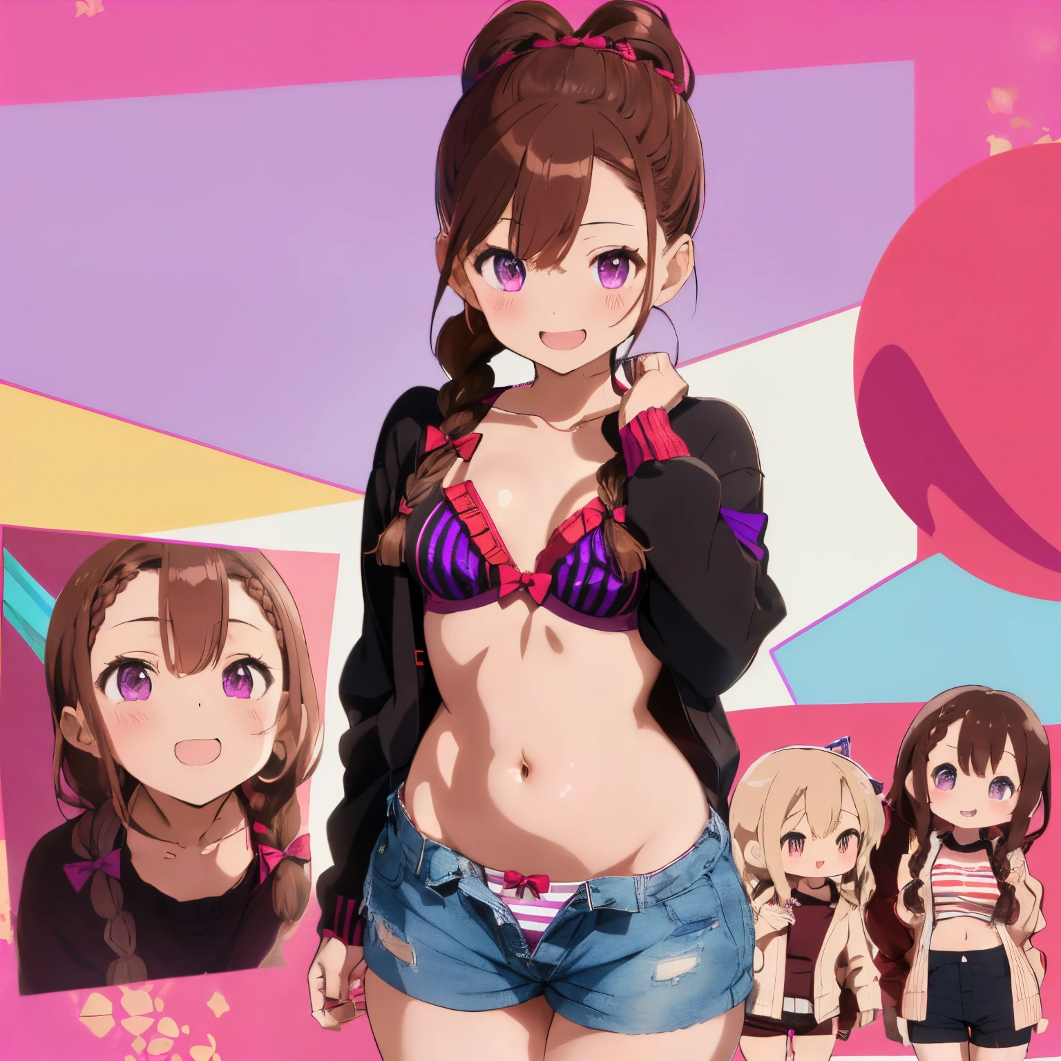 ((Brown hair)),((Braided shorthair)),(With bangs),Slight red tide,(Fluffy long sleeve cardigan clothes with lots of frills)),(Black overall, Purple and red),((Colorful, cute and bold underwear)),((micro mini underwear)),(Striped pattern),(The chest is boldly opened),(fairy tale cute platform sneakers),((Colorful and pop world view)),(((Body shape is slender))),((Cute pose like a model)),(Kamime Heath Smile),(Slightly open mouth),(close up of face),NSFW,(Navel Bow Style),((Ultra-thin shorts)),(room style)