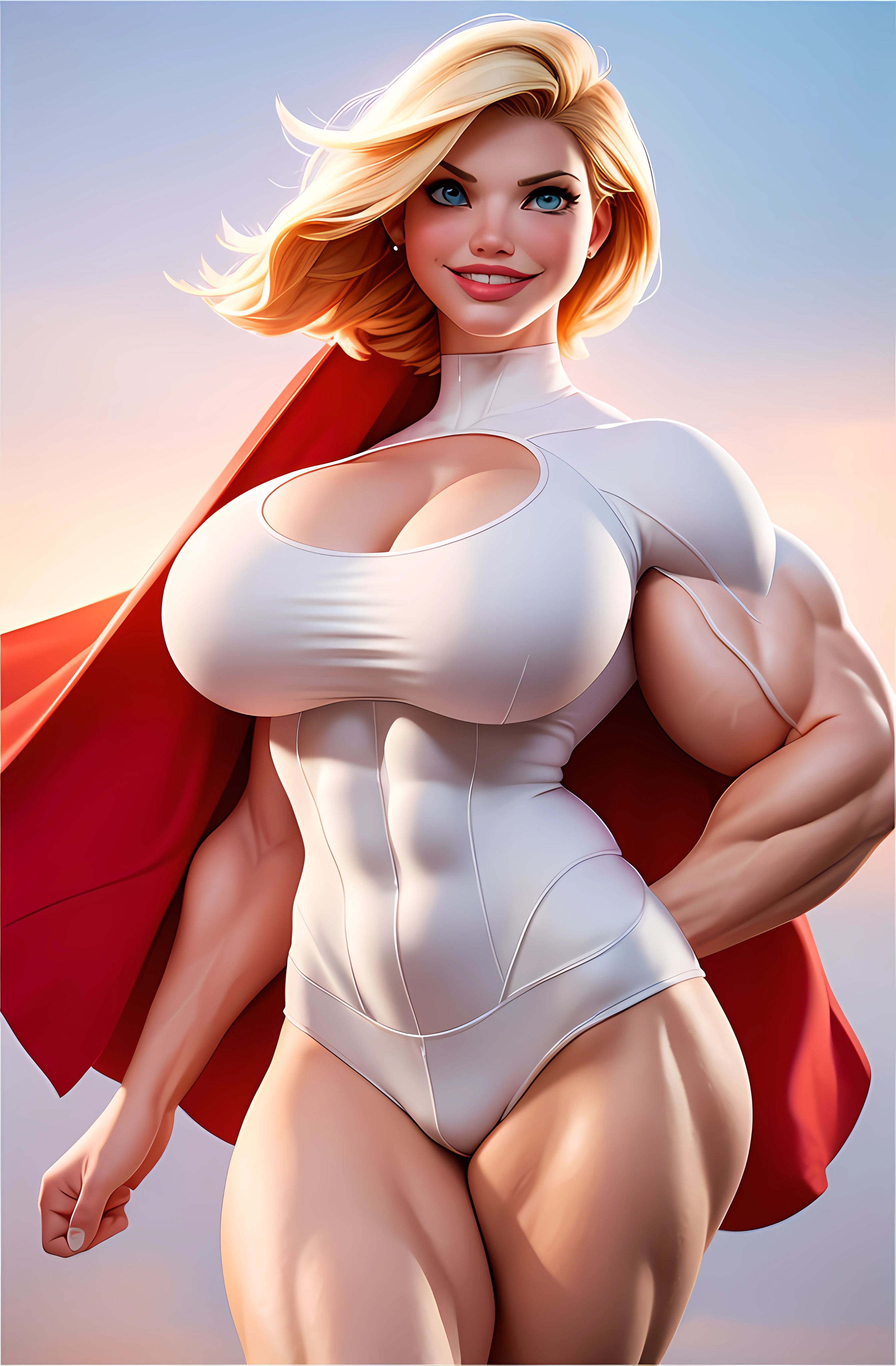 best quality,4k,8k, high res, masterpiece:1.2),ultra-detailed, realistic, photorealistic:1.37, dynamic, action-filled background, bombshell young version of Cameron Diaz cosplaying as Power Girl, Flowing red cape, Hyper fit, incredible shape, cleavage focused, fun, charismatic, detailed eyes, detailed lips, beautiful engaging smile, sexy and confident, ((((huge muscles))))