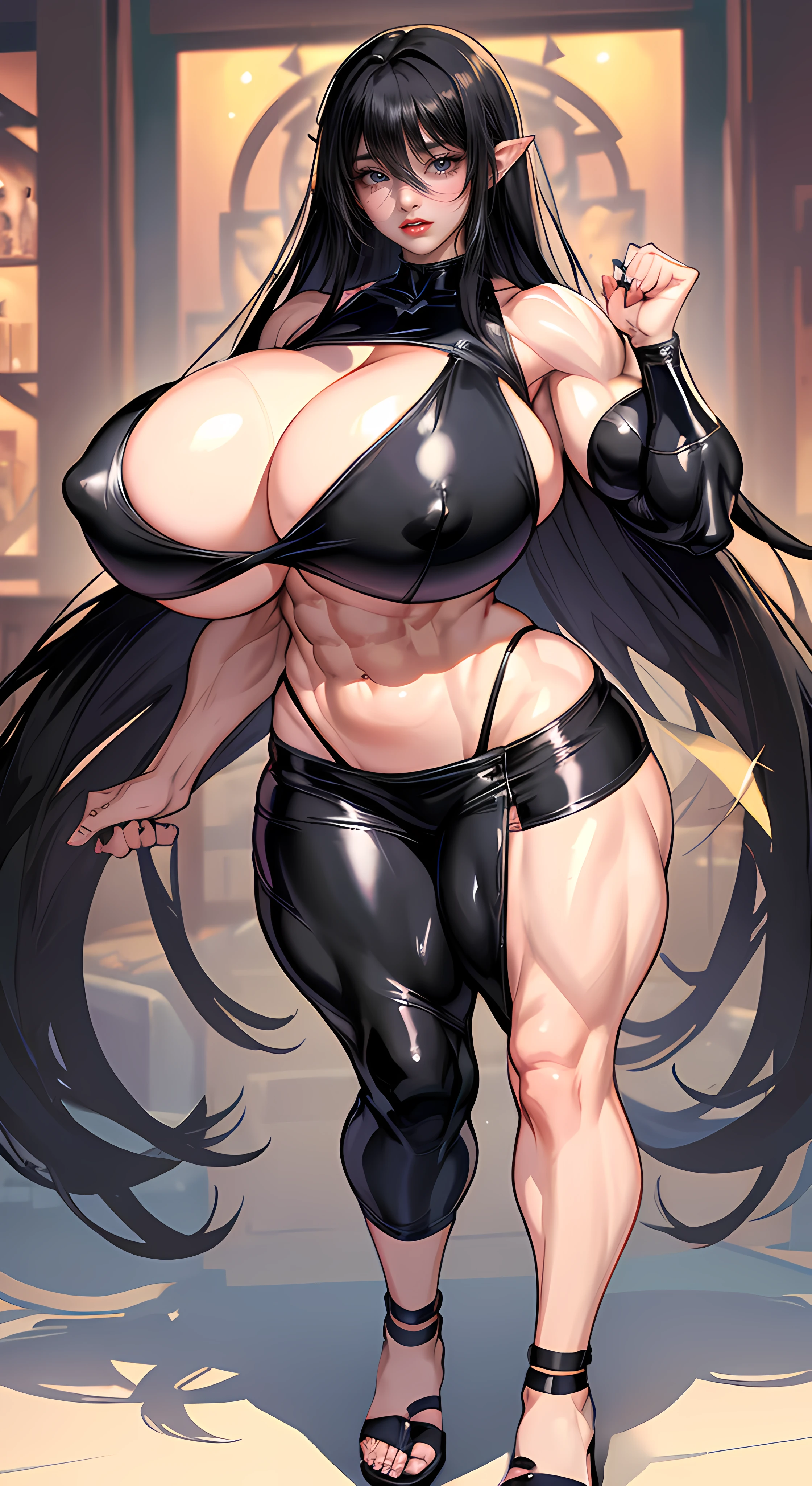 （gigantic breasts:1.6），Full body like，heeled sandals，The right hand crosses the waist，Long black hair，Black colored eyelack fingernaillack toenails，grin face，Latex bra，Latex pantieposing thighposing your navel，Expose the armpits, ((((huge muscles))))