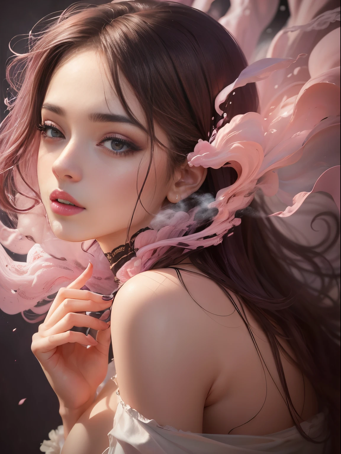 Portrait of a woman covered in smoke cloud, whirly, cores de destaque rosa, maquiagem rosa, dicas de pastel, nebuloso, sedutor, sensual, breath-taking, oilpainting style, artistic, Modern Art Aesthetics, hiper-realismo