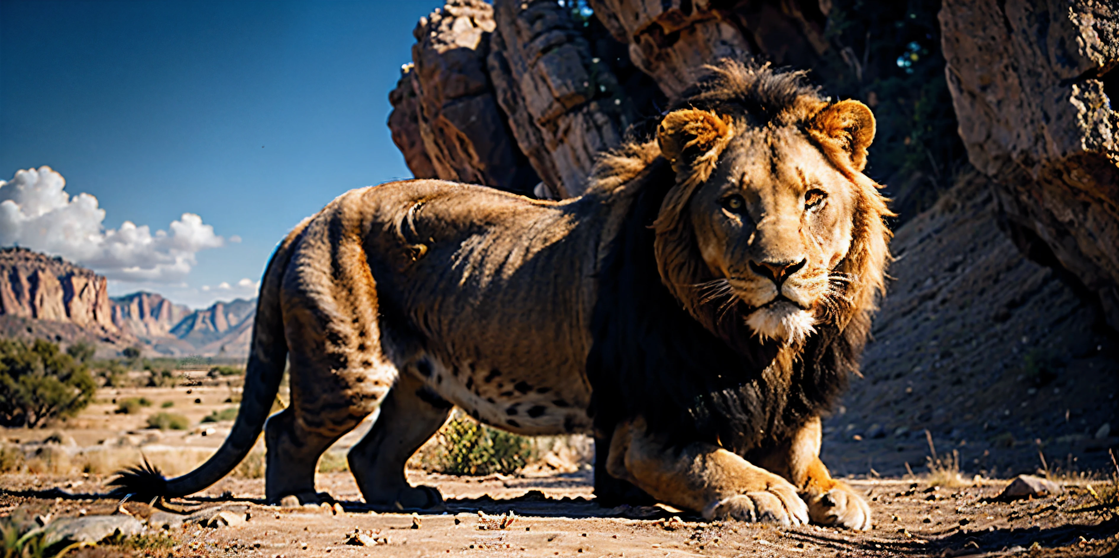 Araffe walking in the desert with a mountain in the background, Arte digital da National Geographic, defog, renascentist, Lion, aslan the Lion, Lion body, Lions, mon, King of the jungle, king of the desert, majestic!!! comely!!!, photoreal”, with the mon of a Lion, g-string, Lion mon, sharply focused, comely”