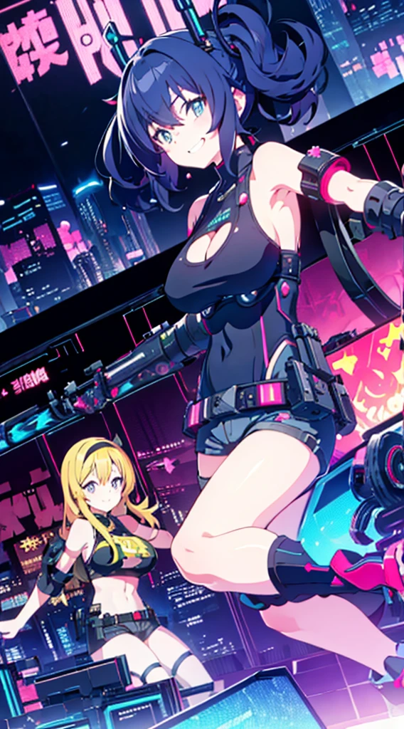 masutepiece,in 8K,High quality,Fine detail,super precision,Two sisters(crazed smile),Big guns,large boob,Tank Tops,hotpants,in fighting,Build a night city(cyberpunked),dazzling neon light,