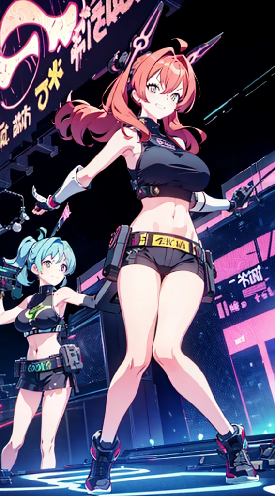 masutepiece,in 8K,High quality,Fine detail,super precision,Two sisters(crazed smile),Big guns,large boob,Tank Tops,hotpants,in fighting,Build a night city(cyberpunked),dazzling neon light,