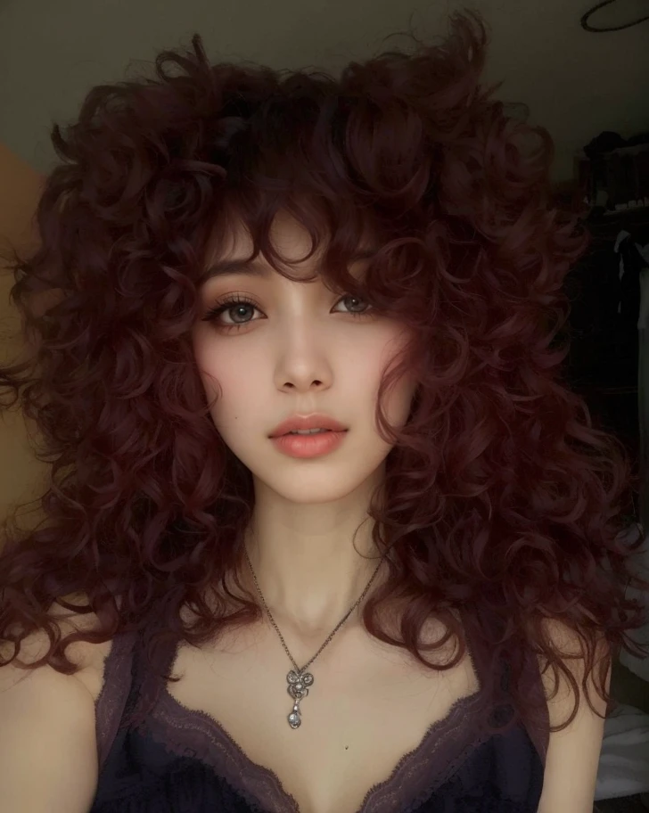 mulher argada com cabelos ruivos e um colar com uma borboleta sobre ele, com cabelos ruivos cacheados, cabelos cacheados vermelhos, franja encaracolado, cabelos ruivos muito cacheados, cabelo de gengibre selvagem, messy curly hair, cabelos avermelhados, cabelos cacheados, com longos cabelos cacheados, curly hair, franja fofa, cabelo rosa encaracolado, cabelos cacheados vermelhos, cabelo grande, cabelos permeados
