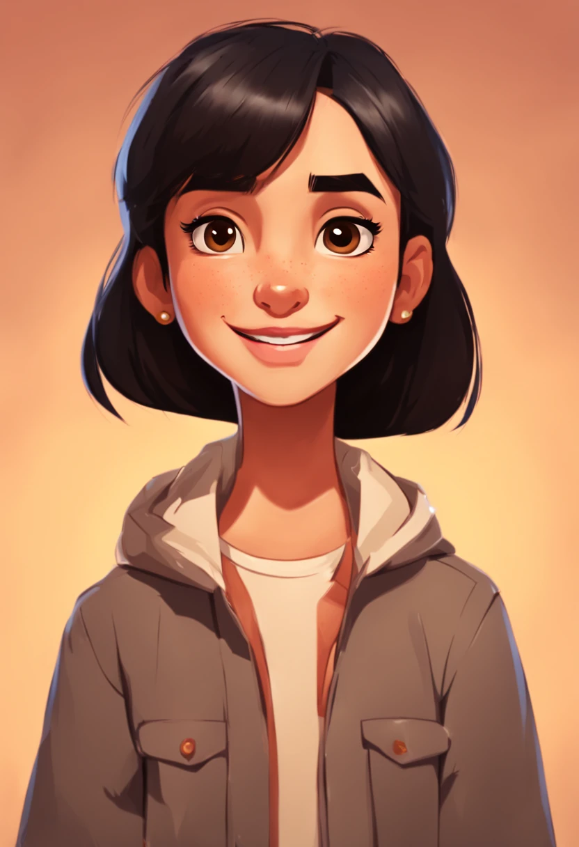 cute girl, straight black hair, brown eyes, smart, friendly, cartoon style character