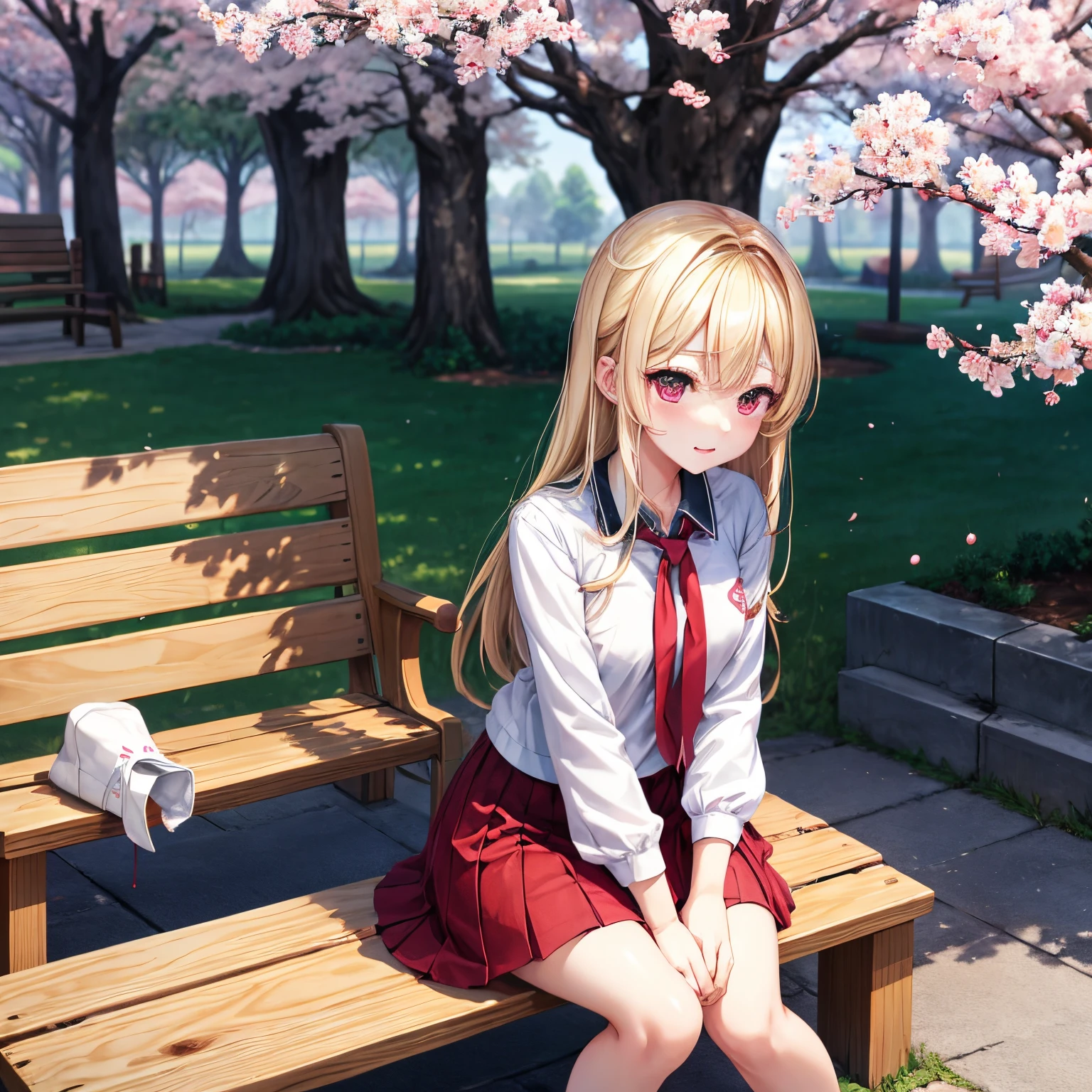 A blonde、red eyes、a pretty girl、and soul、student clotheinkirts、a park、Sit on it、natta、cherry tree