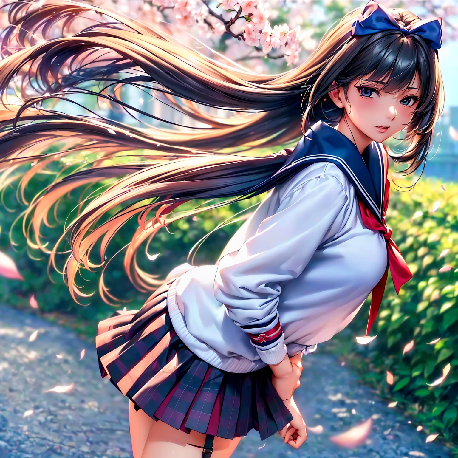 (top quality picture、masterpiece level、very high res、超A high resolution,High-quality detail)、(An 18-year-old beautiful girl with perfect and ultimate beauty.,beautiful breasts and body shape,Beautiful body,美丽的面容,Strong-willed eyes:1.5)、(poneyTail,The bangs are neatly arranged,Straight long side hair,Beautiful hair:1.2),Realistic textures,beautiful colors,(Wearing a white blouse,bow ribbon,Wear a cardigan,wear a dark blue blazer,Wear a plaid pleated skirt,(Wearing a Japan high school uniform,high-school uniform,School uniform,hi-school girl,schoolgirl),has a bright smile,line of sight,Mouth opens,The wind is blowing(The wind blows and the skirt flaps 1.2),Hair flutters under the influence of the wind,Park at night,A path lined with flourishing cherry blossom trees,Cherry blossoms scattering,Beautiful Landscapes,(The whole body,thigh visible,accurate anatomy、extremely detailed picture、Accurate images、Perfect Image 1.5)、beautiful anime woman, Beautiful Art Style, an animated character、(The whole picture、Detailed picture、Defect-free images、natural soft light、beautiful image),(Best Shot 1.2)