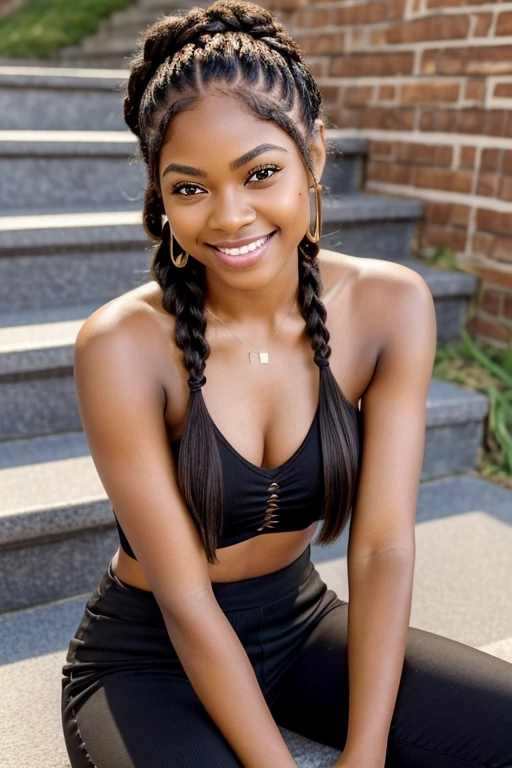 very beautiful((with brown skin))年轻,((Detail of big brown eyes))Long eyelashes,((perfect heart shaped face))((Detailed realistic skin with imperfections))detailed skin textures,((Charming girl with dimples)) ,((Warm smile and dimples)),attractive beautiful,*Wearing a red halter neck crop and black pants* ((hyper realisitc))((Perfect braids))((realistic hair texture))((girl with dimples))on Pinterest.((sitting by the modern steps)) wearing black pants and halter neck crop