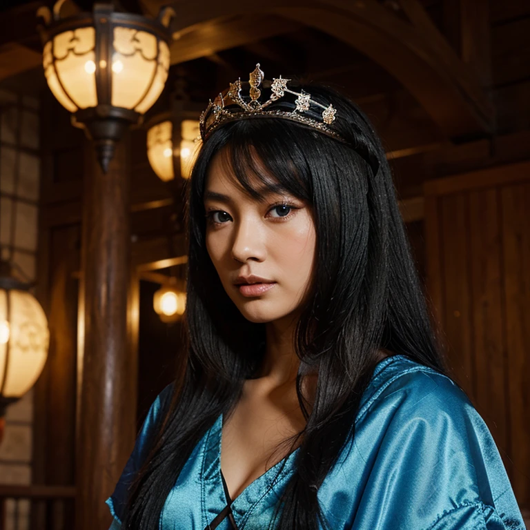 queen, Asian features. With blue eyes and long black hair. Medieval times