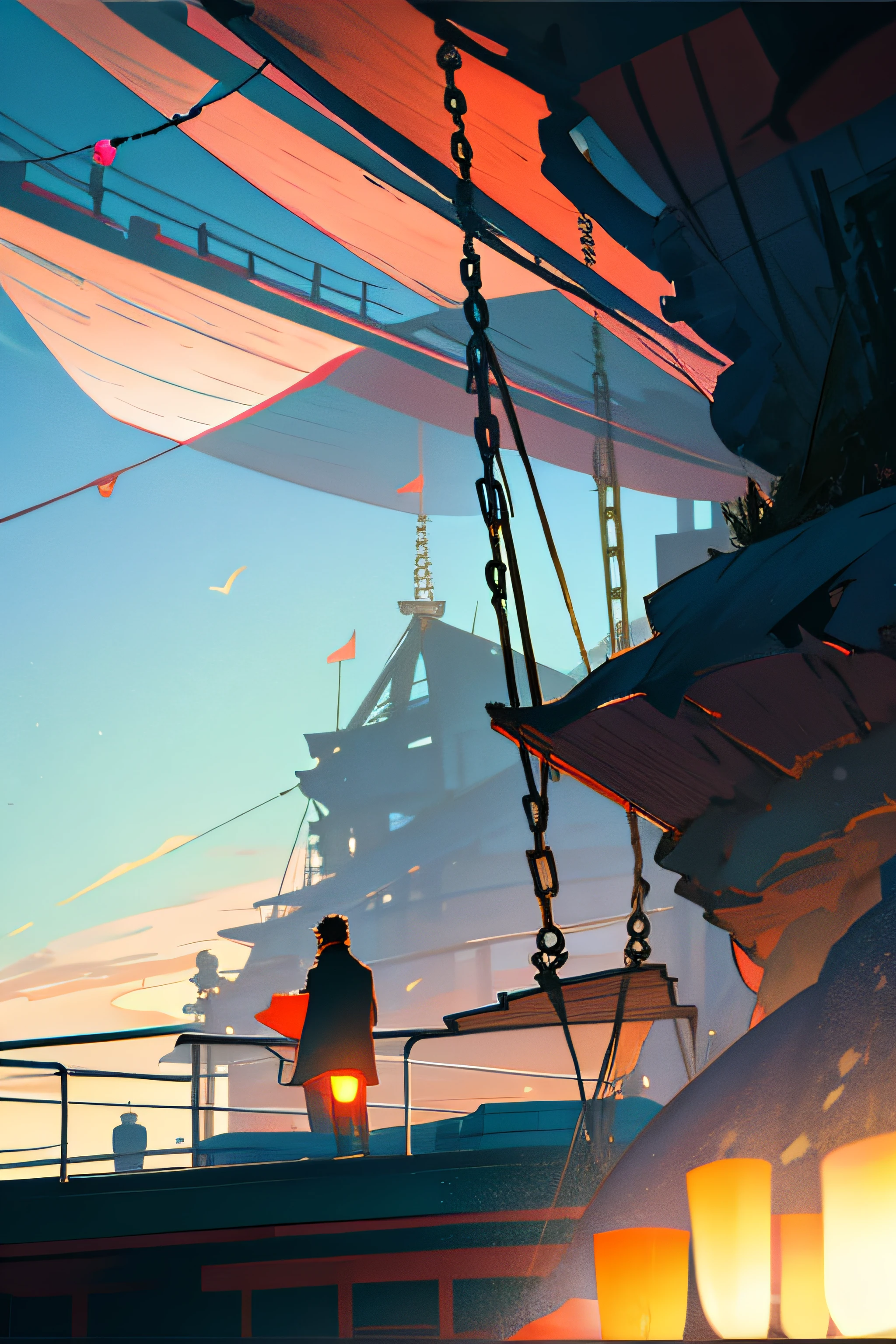 Amidst the fading hues of dusk, an aged detective clings to the towering bell atop a colossal boat, his weathered coat billowing in the salty breeze. With each swing of the vessel, the detective grapples with the weight of memories and mysteries, anchored to the past. Shadows dance on the deck as he clings on, his silhouette etched against the evening sky, a solitary figure in pursuit of truth amidst the whispers of the sea.