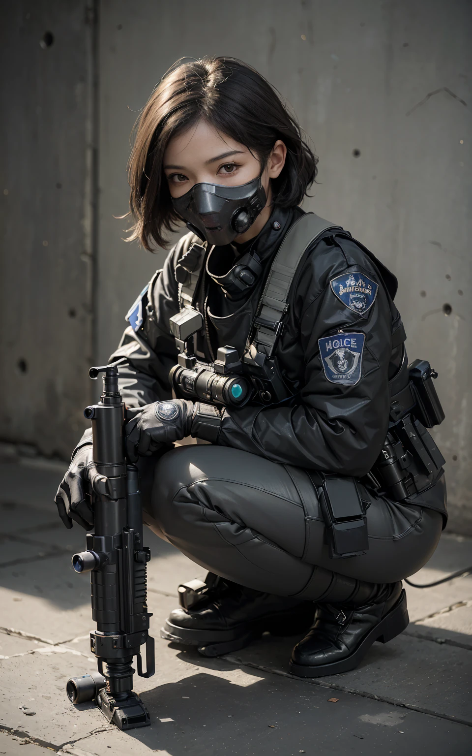 ((best quality, (masterpiece), photorealistic, photorealism, Photorealistic, high resolution)), 1girl full body, ((close up:1)), aiming with an assault rifle, another girl squatting behind, Combat pose, a bit chubby, (Detailed face), (wearing rash-guard likes police uniform, gloves, black and grey mecha, wearing futuristic-gasmask, military harness, holding a machinegun, carrying hich-tech-launcher), background grey wall, Fingers are occluded