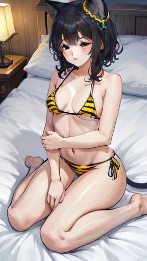 full body sleeping woman on bed, yellow tiger bikini, 1girl, fran, cat tail, cat ears, black hair, blue eyes, tail, hair ornament, crossed bangs, animal ear fluff, short hair, small breastantasy