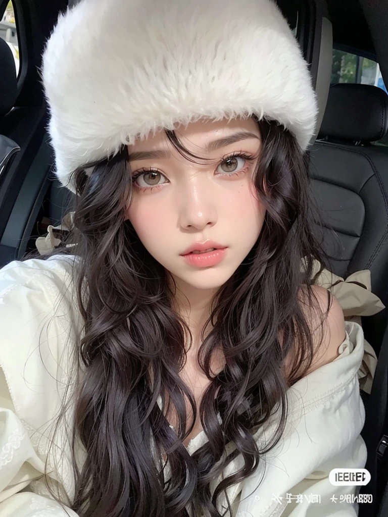 Mujer araffe con cabello largo y oscuro y sombrero blanco., Cabello blanco rizado, ulzzang, flequillo rizado, Sakimichan, con cabello largo y rizado, con sombrero, Hermosa Delphine, con pelo largo blanco, pale snow white skin, con un lindo sombrero, con cara linda - fina -, flequillo esponjoso, con una gargantilla y un lindo sombrero