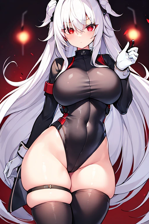 1girl, hair over one eye, one-eye covered, red eyes, white hair, long hair, glowing eyes, leotard, black leotard, belt, white gloves, large breasts, breasts, shoes, sneakers, wide hips, serious