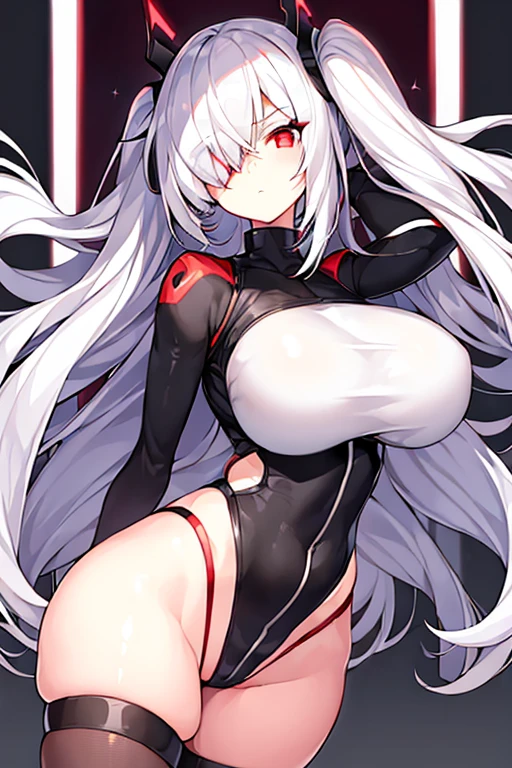 1girl, hair over one eye, one-eye covered, red eyes, white hair, long hair, glowing eyes, leotard, black leotard, belt, white gloves, large breasts, breasts, shoes, sneakers, wide hips, serious