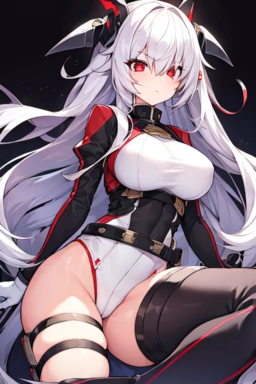 1girl, hair over one eye, one-eye covered, red eyes, white hair, long hair, glowing eyes, leotard, black leotard, belt, white gloves, large breasts, breasts, shoes, sneakers, wide hips, serious