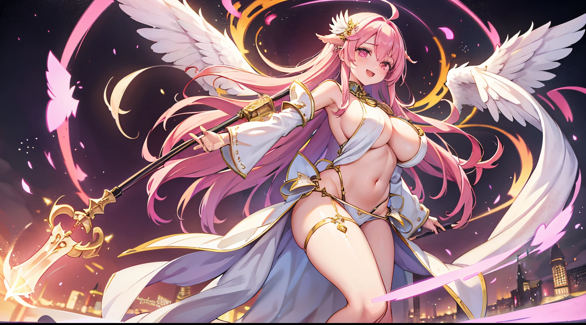 1 girl, game cg, priestess clothes, angel wings, sideboob, under boob, belly button visible, thighs, loincloth, gigantic breasts, pink hair, long hair, straight hair, ahoge, pink eyes, open mouth, smile, magic attack , Rays of light, simple background, from front, with cane,