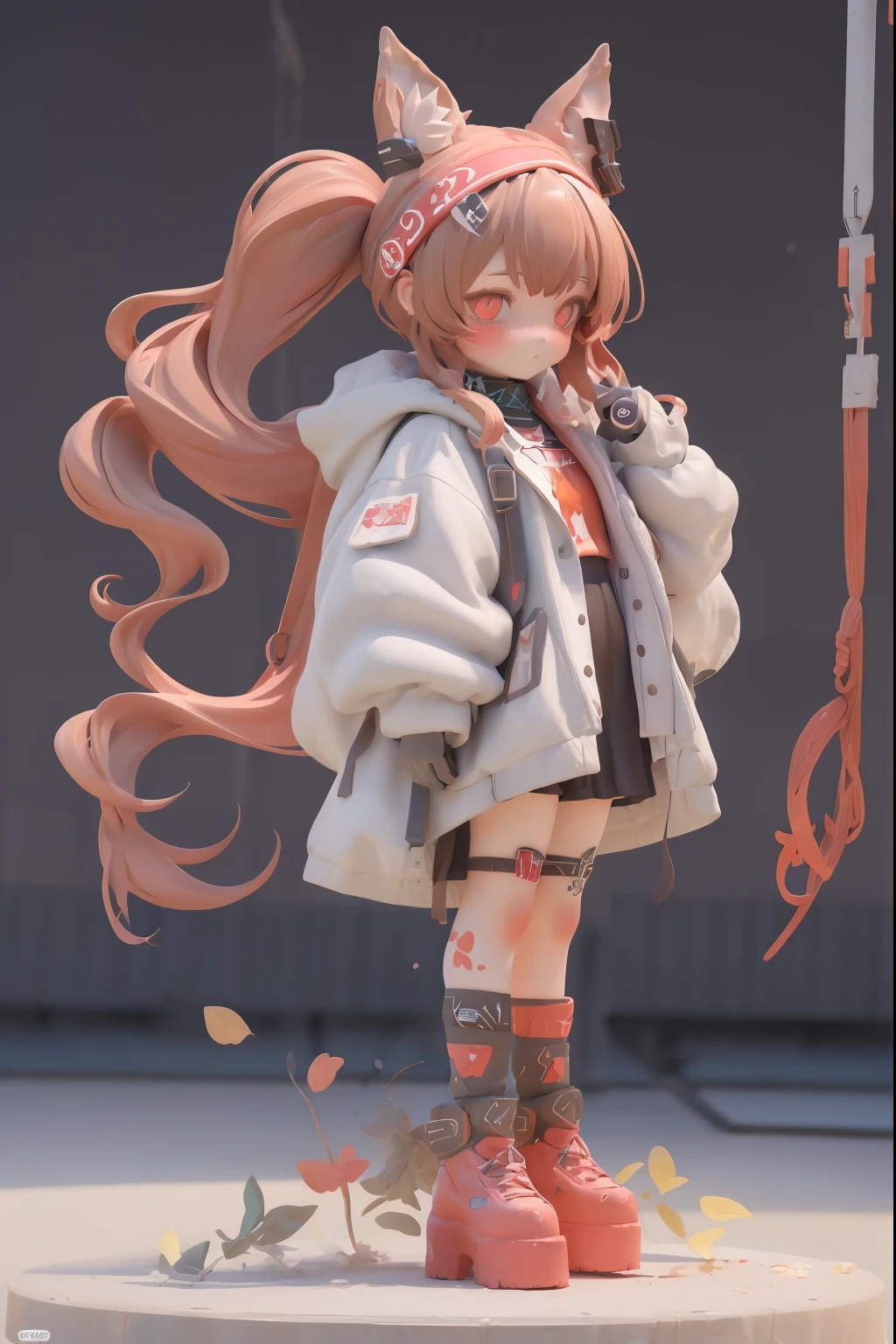 (Full body standing painting, standing on your feet), 独奏, tmasterpiece,best qualtiy,8K,1girll, Solo,1girll, Solo, Angelina, Long hair, double tails, Fox ears, Brown hair, Red eyes, red hairband, Open clothes, Jacket, Bare shoulders, Long sleeves, mitts, shirt, (High quality:1.2), (High detail:1.2), (Masterpiece:1.2), (Extremely detailed:1.2), illustration,paint brushes, white backgrounid, backgound, 巨作, Best quality, beautiful detailed glow, Beautiful detailed eyes, midriff, big forhead, tchibi, full bodyesbian