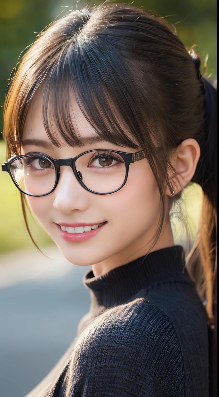 masutepiece, Best Quality, Illustration, Ultra-detailed, finely detail, hight resolution, 8K Wallpaper, Perfect dynamic composition, Beautiful detailed eyes, fitness wear, Natural Color Lip,Knitted sweaters、Ponytail hair、Black-rimmed glasses、A big smile