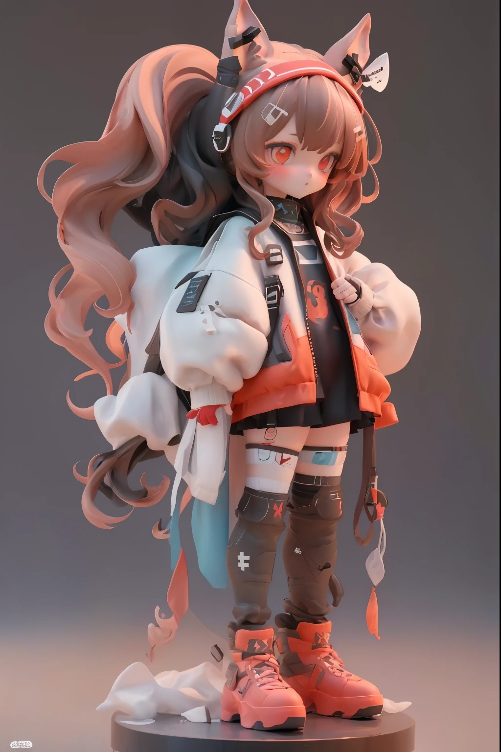 (Full body standing painting, standing on your feet), 独奏, tmasterpiece,best qualtiy,8K,1girll, Solo,1girll, Solo, Angelina, Long hair, double tails, Fox ears, Brown hair, Red eyes, red hairband, Open clothes, Jacket, Bare shoulders, Long sleeves, mitts, shirt, (High quality:1.2), (High detail:1.2), (Masterpiece:1.2), (Extremely detailed:1.2), illustration,paint brushes, white backgrounid, backgound, 巨作, Best quality, beautiful detailed glow, Beautiful detailed eyes, midriff, big forhead, tchibi, full bodyesbian