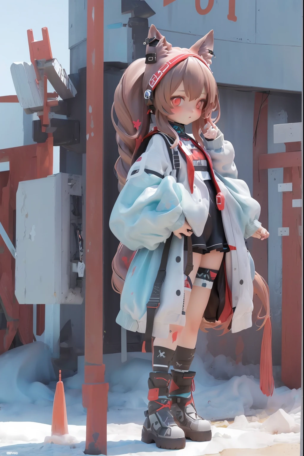 (Full body standing painting, standing on your feet), 独奏, tmasterpiece,best qualtiy,8K,1girll, Solo,1girll, Solo, Angelina, Long hair, double tails, Fox ears, Brown hair, Red eyes, red hairband, Open clothes, Jacket, Bare shoulders, Long sleeves, mitts, shirt, (High quality:1.2), (High detail:1.2), (Masterpiece:1.2), (Extremely detailed:1.2), illustration,paint brushes, white backgrounid, backgound, 巨作, Best quality, beautiful detailed glow, Beautiful detailed eyes, midriff, big forhead, tchibi, full bodyesbian