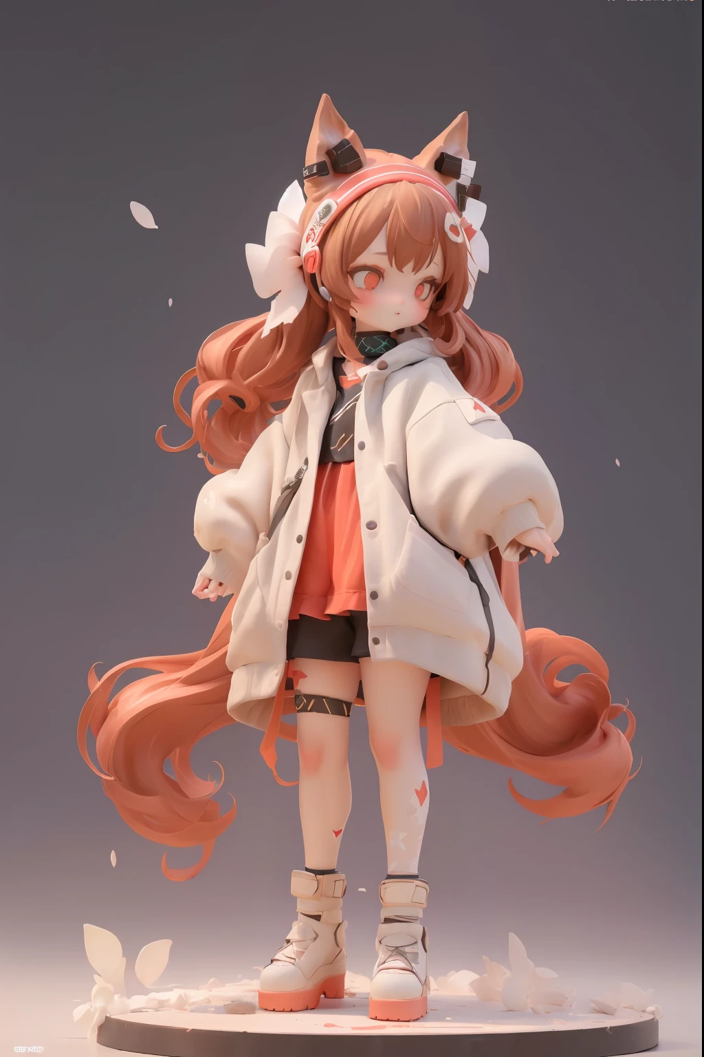 (Full body standing painting, standing on your feet), 独奏, tmasterpiece,best qualtiy,8K,1girll, Solo,1girll, Solo, Angelina, Long hair, double tails, Fox ears, Brown hair, Red eyes, red hairband, Open clothes, Jacket, Bare shoulders, Long sleeves, mitts, shirt, (High quality:1.2), (High detail:1.2), (Masterpiece:1.2), (Extremely detailed:1.2), illustration,paint brushes, white backgrounid, backgound, 巨作, Best quality, beautiful detailed glow, Beautiful detailed eyes, midriff, big forhead, tchibi, full bodyesbian