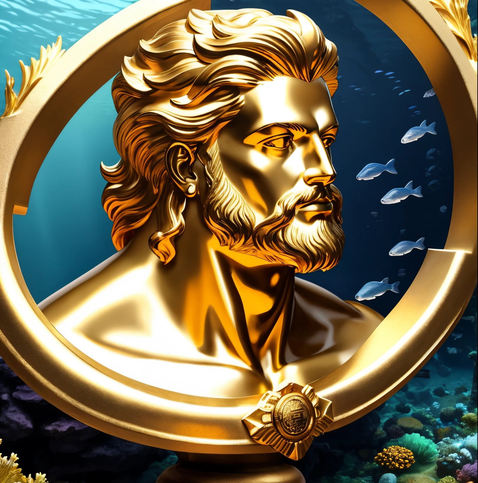 Crie uma imagem 8K inspiradora representando um Zeus grego ,Forte, olhando para o lado, immortalized as a bust statue, Single bust statue, com detalhes minuciosos, com fundo dourado brilhante, shows full imageStatue of Zeus under the sea, ZOOM ultra realista