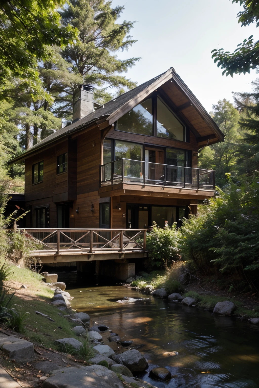 a modern house nestled within a forest, with a flowing river beneath it. Capture the essence of contemporary architecture harmonizing with the natural surroundings, showcasing the tranquil setting of a house surrounded by lush woods and a gently streaming river