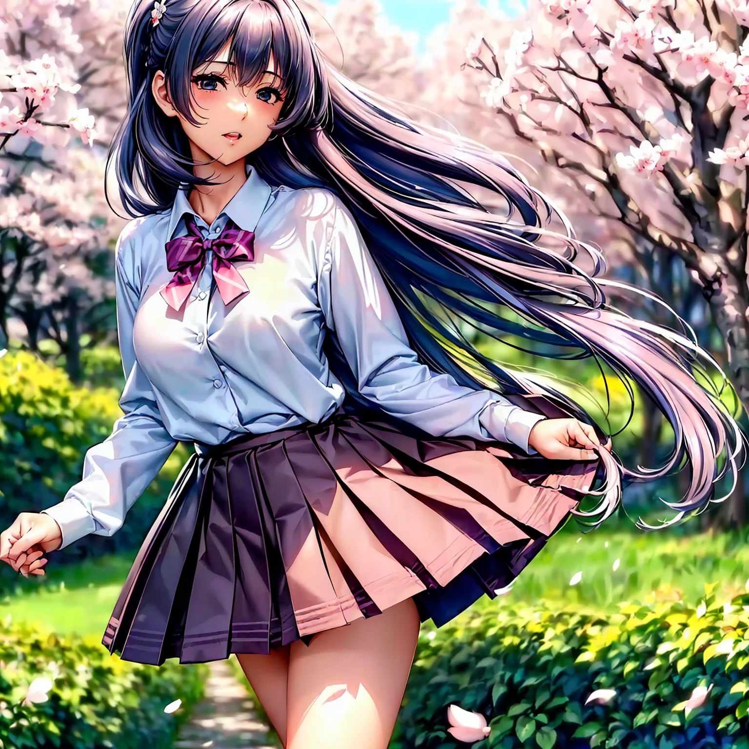 (top quality picture、masterpiece level、very high res、超A high resolution,High-quality detail)、(An 18-year-old beautiful girl with perfect and ultimate beauty.,beautiful breasts and body shape,Beautiful body,美丽的面容,Strong-willed eyes:1.5)、(poneyTail,The bangs are neatly arranged,Straight long side hair,Beautiful hair:1.2),Realistic textures,beautiful colors,(Wearing a white blouse,bow ribbon,Wear a cardigan,wear a dark blue blazer,Wear a plaid pleated skirt,(Wearing a Japan high school uniform,high-school uniform,School uniform,hi-school girl,schoolgirl),has a bright smile,line of sight,Mouth opens,The wind is blowing(The wind blows and the skirt flaps 1.2),Hair flutters under the influence of the wind,Park at night,A path lined with flourishing cherry blossom trees,Cherry blossoms scattering,Beautiful Landscapes,(The whole body,thigh visible,accurate anatomy、extremely detailed picture、Accurate images、Perfect Image 1.5)、beautiful anime woman, Beautiful Art Style, an animated character、(The whole picture、Detailed picture、Defect-free images、natural soft light、beautiful image),(Best Shot 1.2)