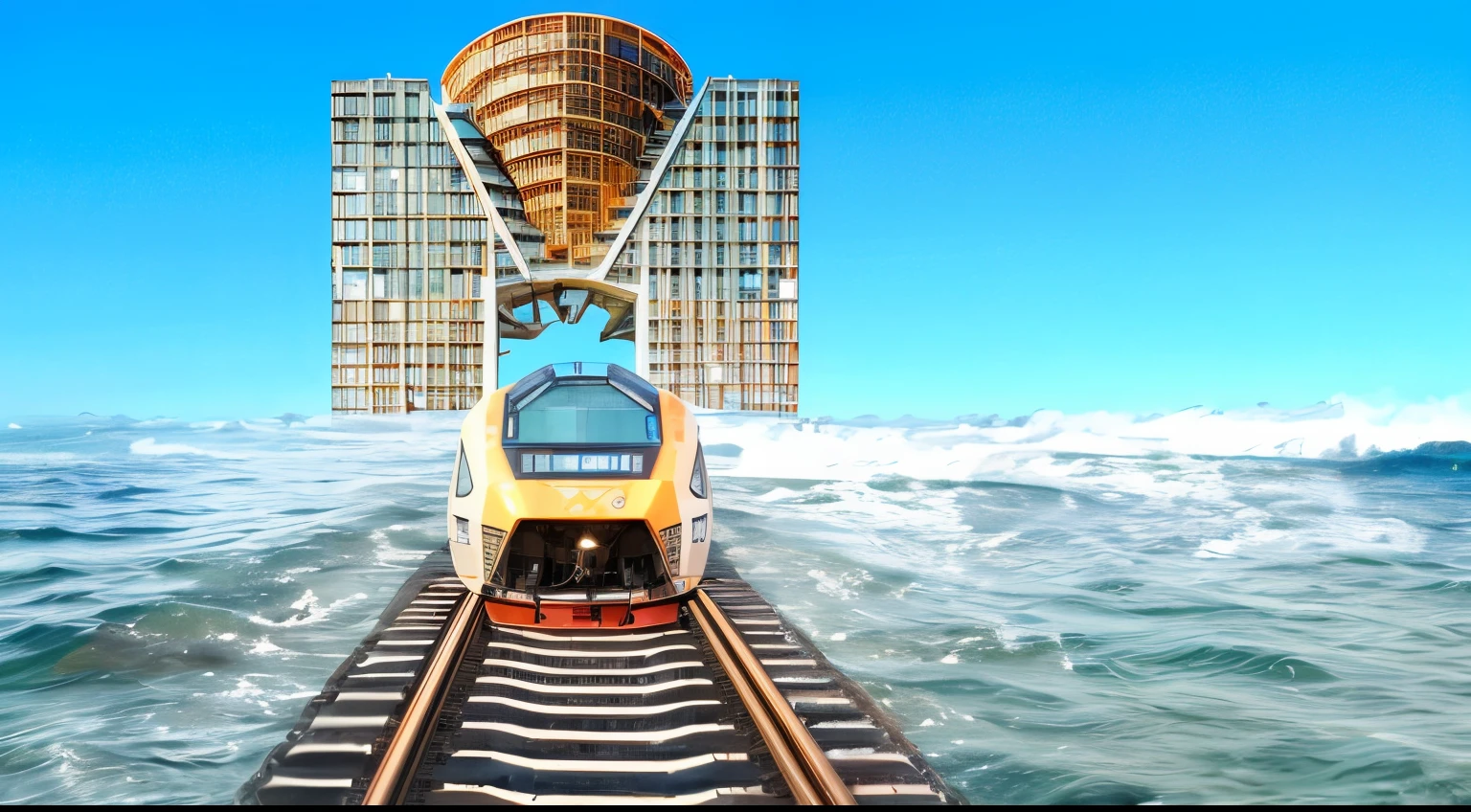 there is a train that is going down the tracks in the water, supersonic trains and passengers, futuristic train, railroad on the sea, futuristic architecture concept, biomechanical railroad, inception concept, transportation design render, background is golden building forming an M, very realistic image, 16k resolution