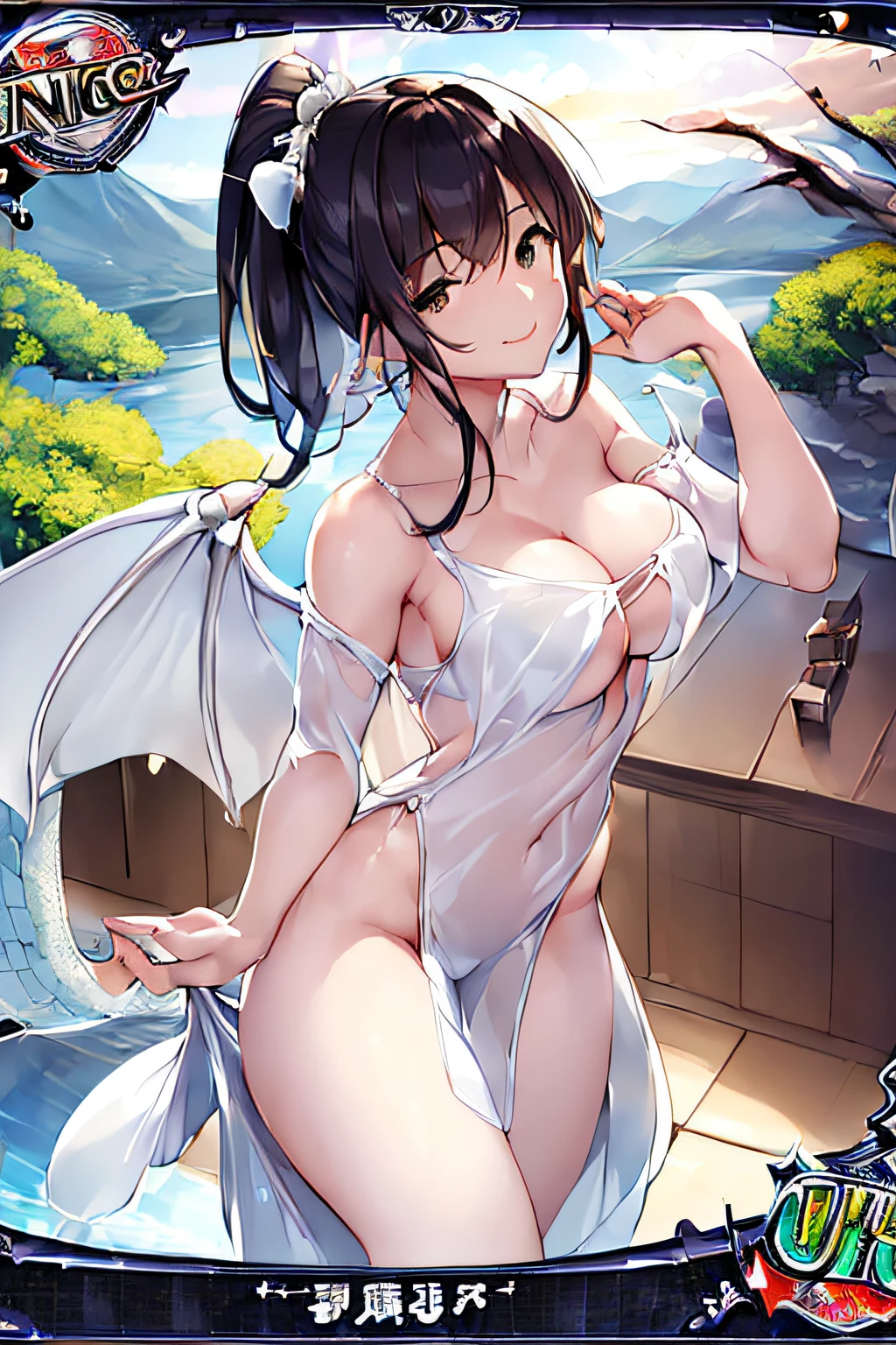 (Trading Card Game Frames:1.7),(Lake in the mountains:1.3),(Sheer and revealing white fluffy outfit:1.3, ),(Angel with glass wings floating on lake:1.3), (Glass Dragon Behind:1.3),Shiny Silver Shorthair,disheveled ponytail,Cute smile,Perfect round face,Black eyes,A cheerful smile that makes the viewer happy,Proper body proportion,Intricate details,Very delicate and beautiful hair,photos realistic,Dreamy,Professional Lighting,realistic shadow,Solo Focus,Beautiful hands,Beautiful fingers,Detailed finger features,detailed clothes features,Detailed hair features,detailed facial features,top-quality,Ultra-high resolution output image,) ,(The 8k quality,),(Image Mode Ultra HD,),(Image Mode Ultra HD,),Science fiction fantasy