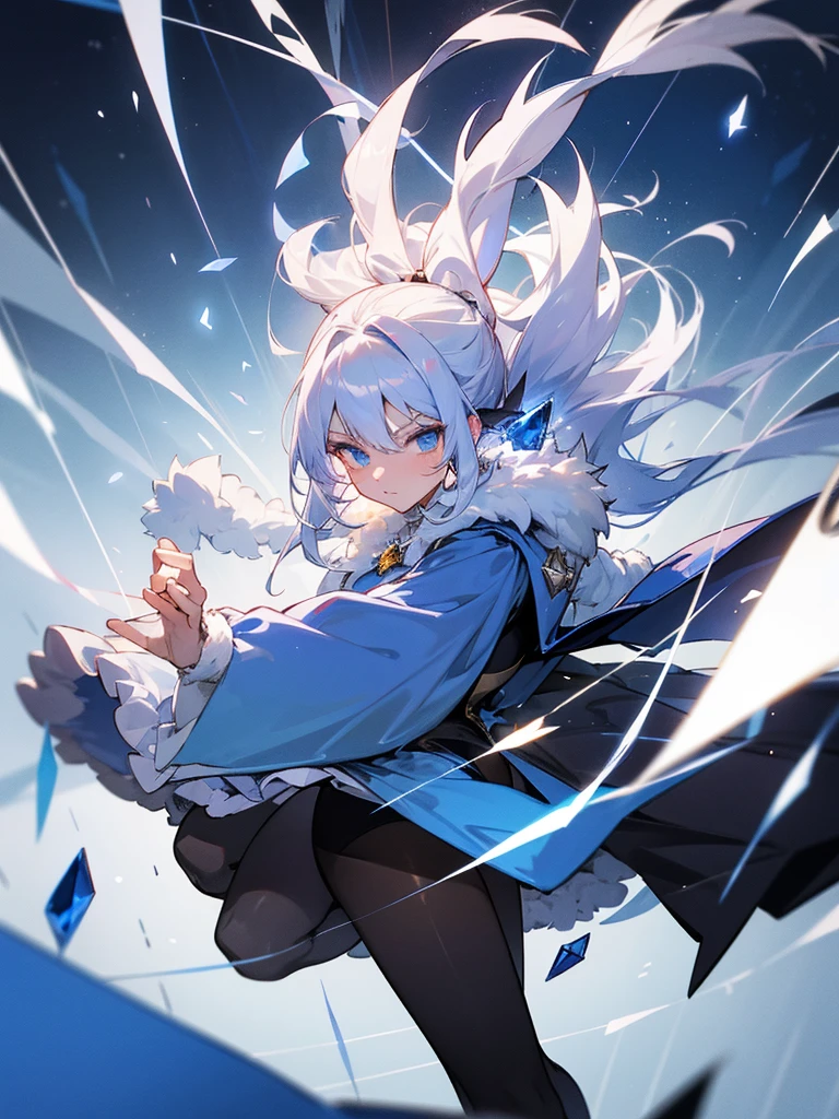 white hair, long hair pony tail with a ribbon, blue eyes, magician, heavy fur cape, long sleeves, long legs, dark brown pantyhose, leotard, sapphire gem necklace, casting spell in midair, bird-like spell effects