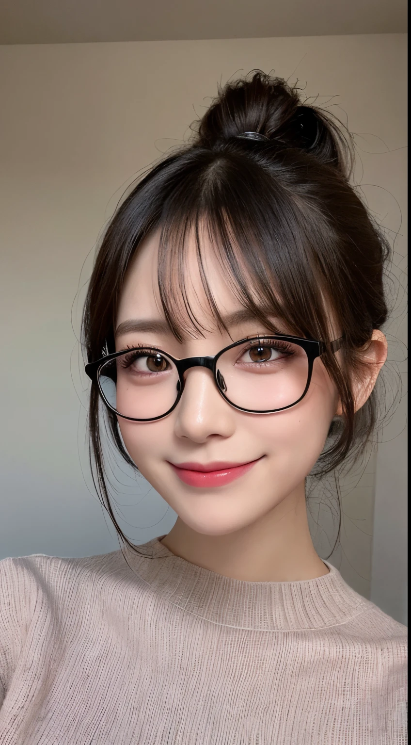 masutepiece, Best Quality, Illustration, Ultra-detailed, finely detail, hight resolution, 8K Wallpaper, Perfect dynamic composition, Beautiful detailed eyes, fitness wear, Natural Color Lip,Knitted sweaters、Ponytail hair、Black-rimmed glasses、A big smile