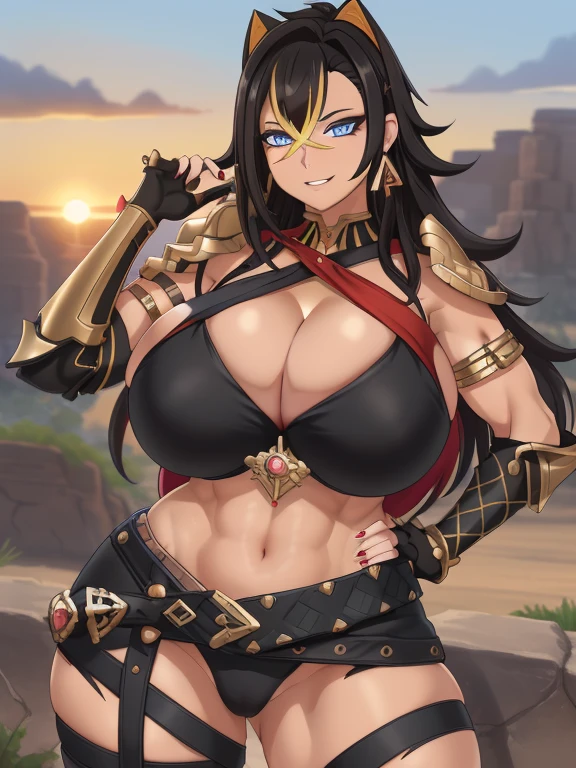 ((masutepiece)), (Best Quality:1.7), (Detailed:1.4), (hight resolution:1.4), 8K, (Colorful:1.5), 2D, High resolution, Sharp Images, Raw photo, Dehya_Genshin, 1girl in, (((Solo))), Black hair, Long hair, Blue eyes, big eye、A smile, middle body, Blonde bangs, Cat eariddle body)), Black pants, Shirt,Torn clothes, Cowboy Shot, (((Jewelry))), Black Gloves, (((armor))), thighs thighs thighs thighs, 鎖骨, Official Custom Rep, Armor Choker, A desert, cleavage, Parted lips, striated hair, Midriff, Hair intake, dark skinned female, halterneck, armlet, Black Gloves, ((criss-cross halter)), Torn clothes, Belt bag, Red Nails, nail polish, (((Armor Armlet))), fingerless glove, Two-tone breasted, closes mouth, Narrow eyes, eye line, ((Looking at Viewer)), Red chest, ((Bare legs)), Sunset, Gloves with claws, (((shoulder armer))), Armor Bracelet, Belt Armor, (earrings), Gold Chain, ornaments,Stand up,hand on own hip,tmasterpiece,Huge stacked breasts,The kinky exposed ,(Surreal breasttremely full breasts)),((Super large)),Big breasts Thin waist,(((Extremely large breasts))),seductiv,High detail,hyper qualit,high resolution,8K,8k smooth,(reality: 1.2),(Highly realistic, Ultra-realistic, photograph realistic),(Realism: 1.2),Solo,(Perfect feminine curveig breasts:2),(Huge breasts:2),(gigantic cleavage breasts:2),(Large breasts:2),(Bare tits:1.4),(chiseled abs : 1.1),Nice strong legs,,(Curvy:1.1),Narrow waist,(gigantic hip:1),(Thick thighs:1),(Thick legs:1),Muscular,(body builder:1.5)