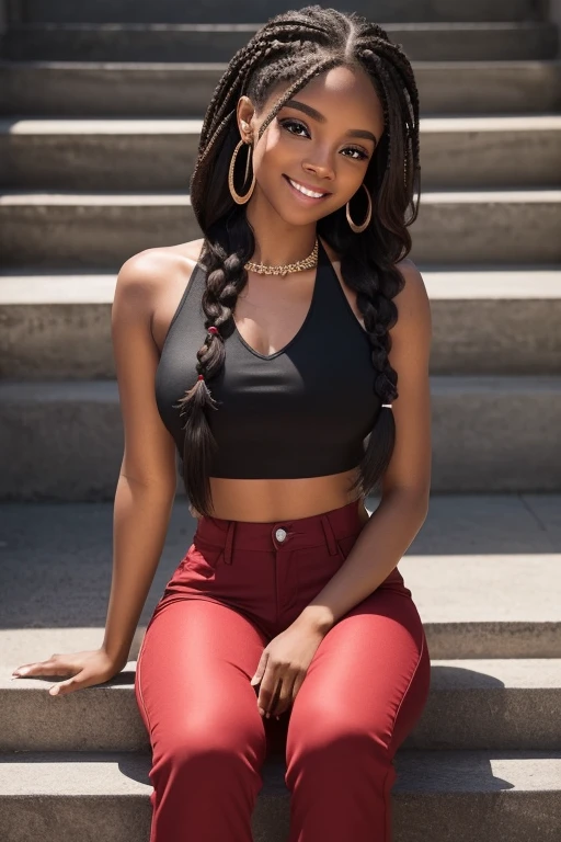 very beautiful((with brown skin))年轻,((Detail of big brown eyes))Long eyelashes,((perfect heart shaped face))((Detailed realistic skin with imperfections))detailed skin textures,((Charming girl with dimples)) ,((Warm smile and dimples)),attractive beautiful,(Wearing a red halter neck crop and black pants) ((hyper realisitc))((Perfect braids))((realistic hair texture))((girl with dimples))on Pinterest.((sitting by the modern steps)) wearing black pants and halter neck crop
