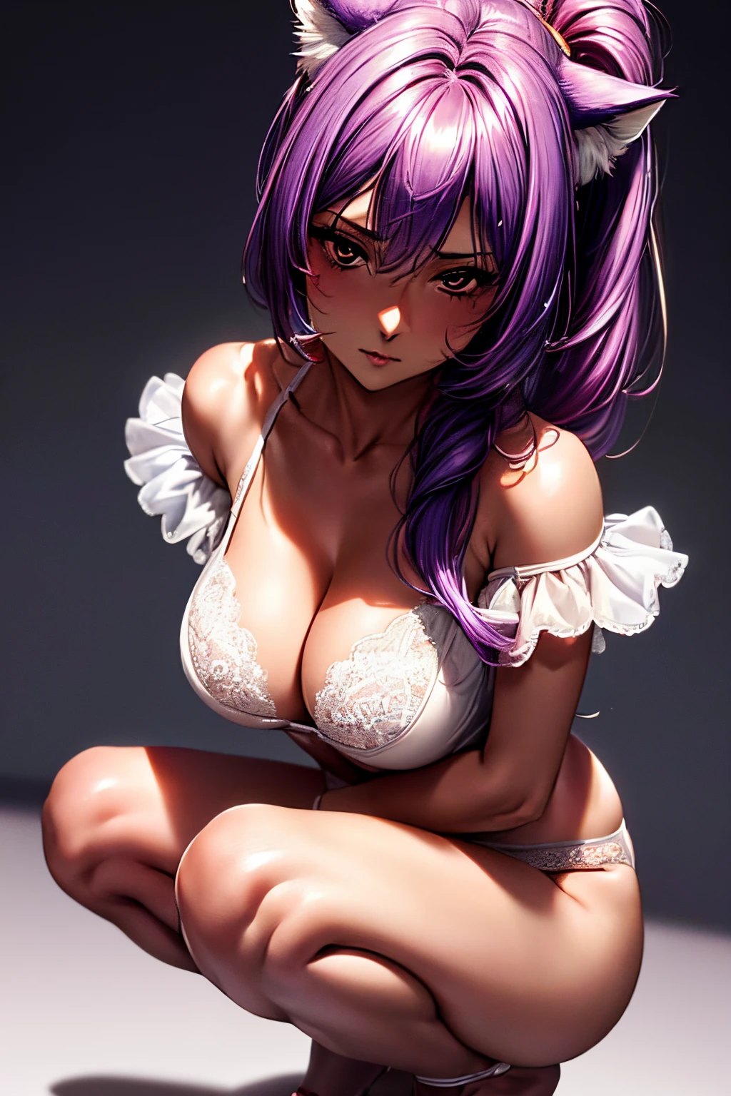 (Best quality at best,8K,A high resolution,tmasterpiece:1.2),Digital artwork,A woman in her thirties，With purple hair, pony tail hair，dark skin，With a gentle expression, Details from head to toe, pure white lingerie，sheer lingerie，cleavage，cat ear，squat