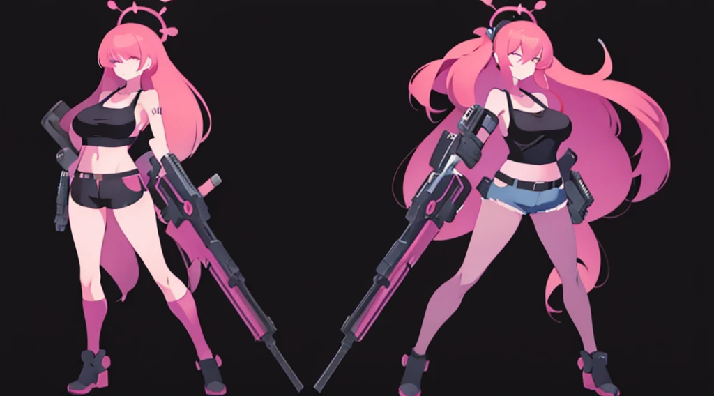 masutepiece,in 8K,High quality,Fine detail,super precision,Two sisters(Stand back to back),Big guns,large boob,Tank Tops,hotpants,in fighting,Build a night city(cyberpunked),dazzling neon light,