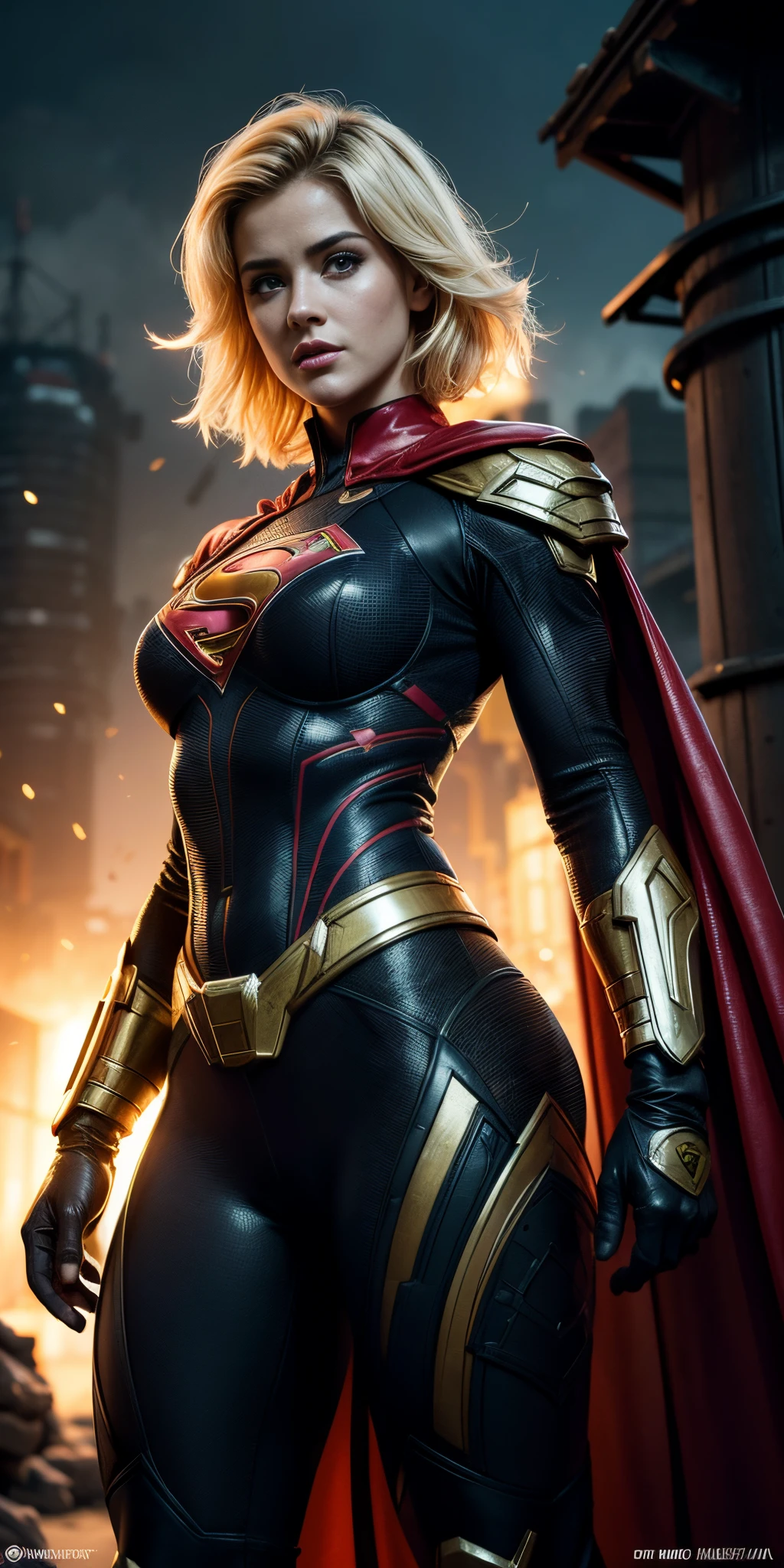 midshot, cel-shading style, centered image, ultra detailed illustration of Stefania Ferrario, (tetradic colors), Short blonde hair, full body, inkpunk, ink lines, light particles, strong outlines, art by MSchiffer, bold traces, parted lips, Supergirl, pele brilhante, ((Detalhes super realistas))、red cape, portlate、global ilumination、sombra、Octane Representation、8k、ultrasharp、Luz de borda de caractere, ????? grandes, big booty、Raw skin is exposed on the neckline、Apocalyptic city in the background, Detalhes de ornamentos complexos、Transparent acrylic parts cover、Detailed hydraulic cylinders、small LED lamp、Detalhes muito intrincados、Luz realista、olhos radiantes、in front of camera、Neon details, mais alta qualidade、obra prima、超A high resolution、(fotorrealista:1.4)、Foto RAW