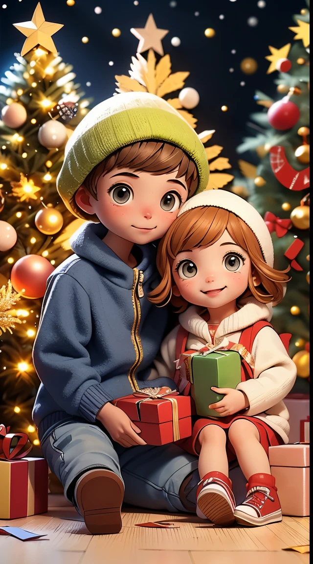 a young girl and boy sat in front of a Christmas tree with presents under it