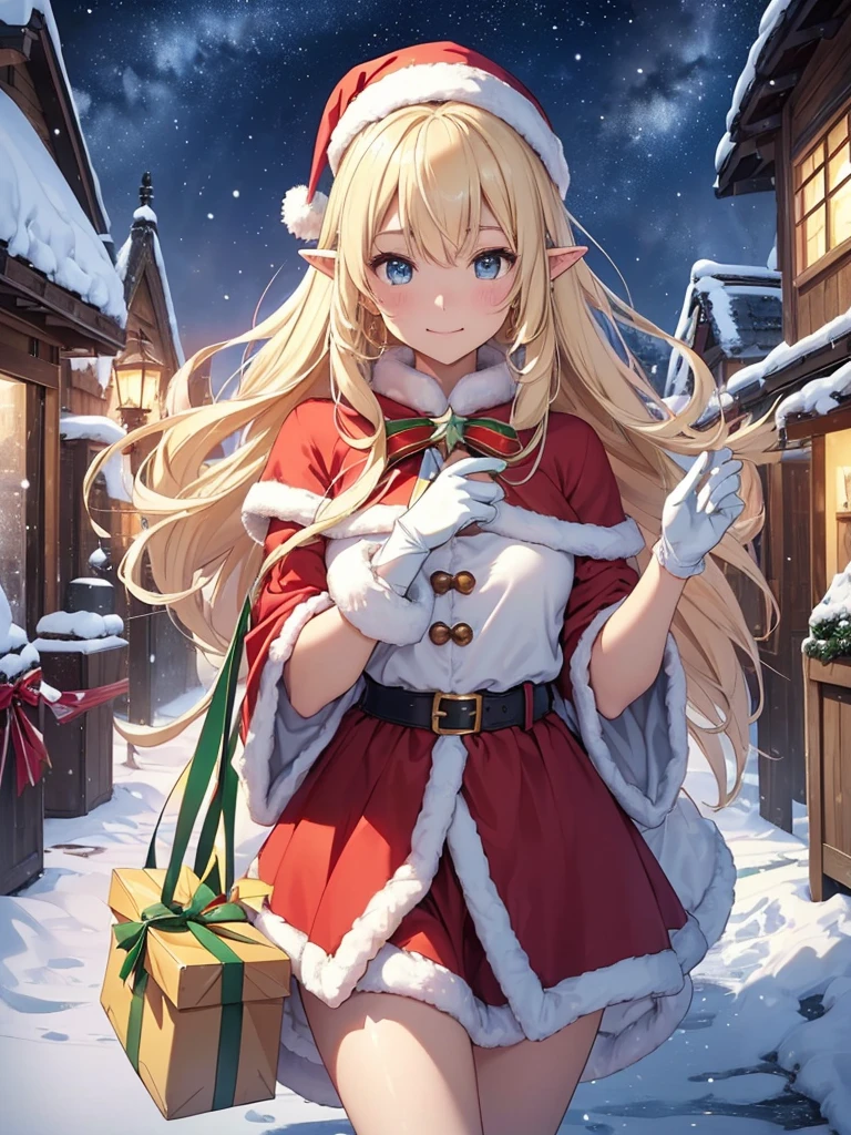 top-quality、Top image quality、masterpiece、Elf dressed as Santa Claus((24 year old、Best Bust、big bast、Bust 90,beautiful blue long ironed hair、a blond、A slender、I have a big white bag full of presents.、a closeup、hiquality、Beautiful Art、Background with((starrysky)))masutepiece、visualart、depth of fields、、Elven ears、、light magic、、、Happy smile、Gentle light、、Beautiful legs that are gentle on the skin、welcome、、Number of fingers to achieve precise finger movements、gloves、ticker beautiful body、Mystical、Red Santa Claus clothes、Christmas、Christmas🎄🎅ルネサンスアート、Winters、snowflakes falling、Western Town、On the roof