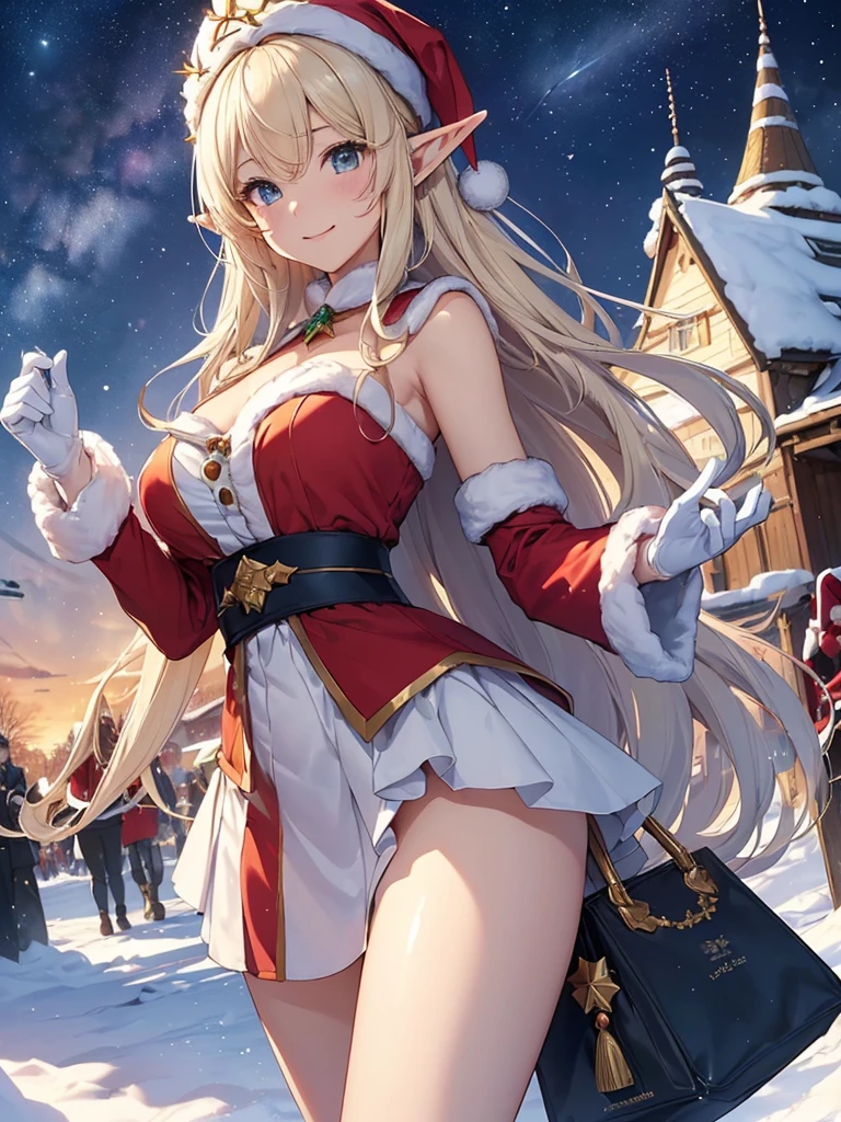 top-quality、Top image quality、masterpiece、Elf dressed as Santa Claus((24 year old、Best Bust、big bast、Bust 90,beautiful blue long ironed hair、a blond、A slender、I have a big white bag full of presents.、a closeup、hiquality、Beautiful Art、Background with((starrysky)))masutepiece、visualart、depth of fields、、Elven ears、、light magic、、、Happy smile、Gentle light、、Beautiful legs that are gentle on the skin、welcome、、Number of fingers to achieve precise finger movements、gloves、ticker beautiful body、Mystical、Red Santa Claus clothes、Christmas、Christmas🎄🎅ルネサンスアート、Winters、snowflakes falling、Western Town、On the roof